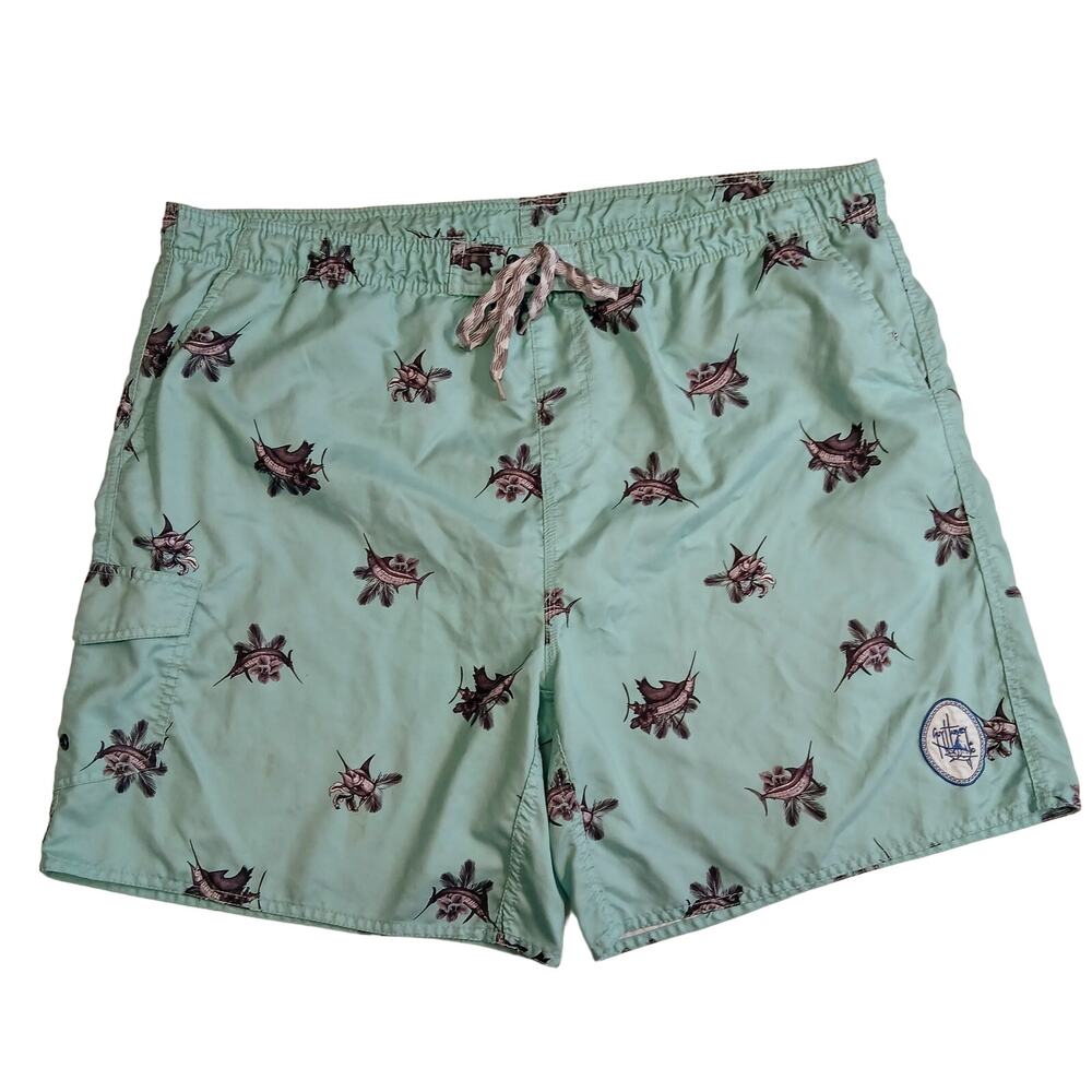 Guy Harvey Swim Shorts Trunks sz XXL Green w/ Marlin Sailfish GUC